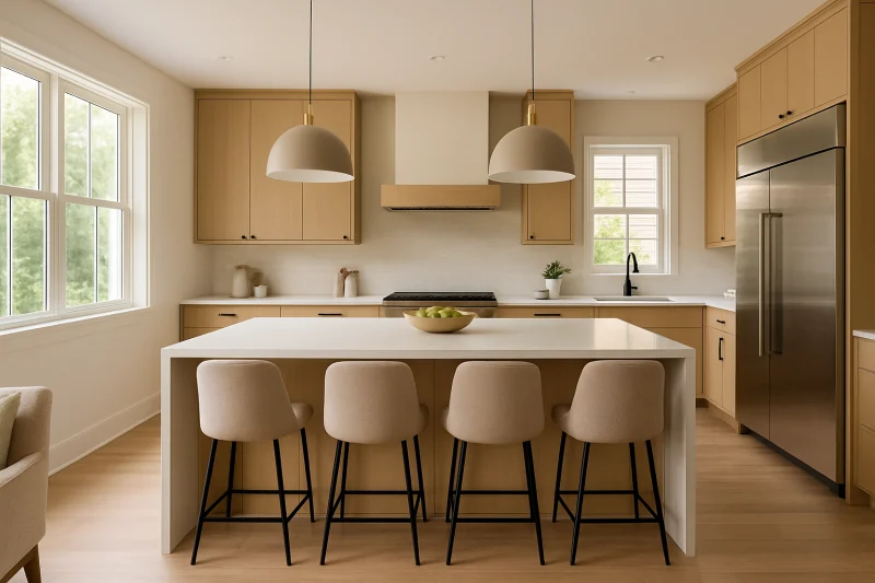 A beautiful modern kitchen with an island interior with soft contemporary furnishings