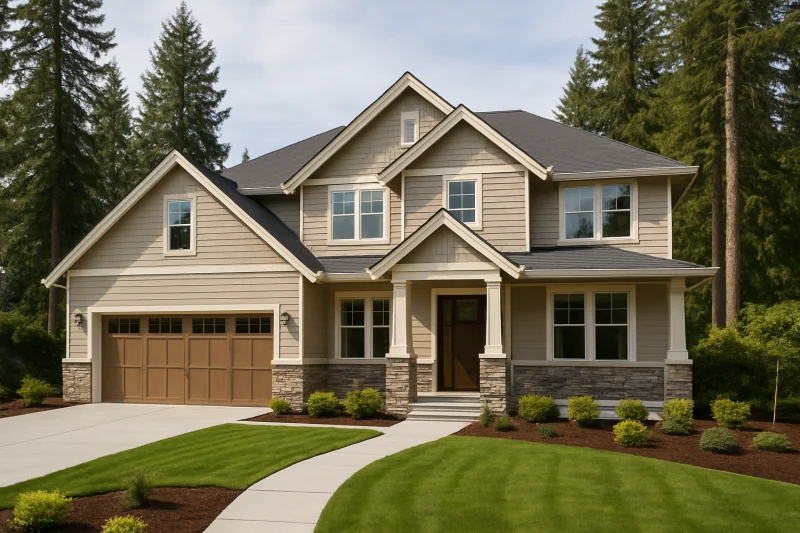 A beautiful, well-maintained transitional-style home with a light tan two-tone exterior, Pacific Northwest style home, tall evergreen trees, soft o...