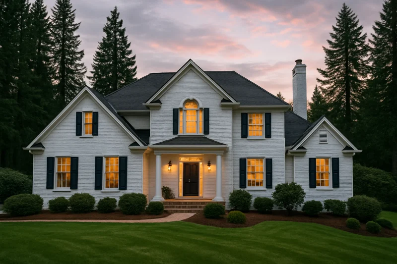 A beautiful, well-maintained colonial-style home with a white brick exterior, Pacific Northwest style home, tall evergreen trees, soft overcast sky